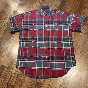 Tommy Hilfiger Red and Green Men’s Plaid Collard Button Down T-Shirt | S